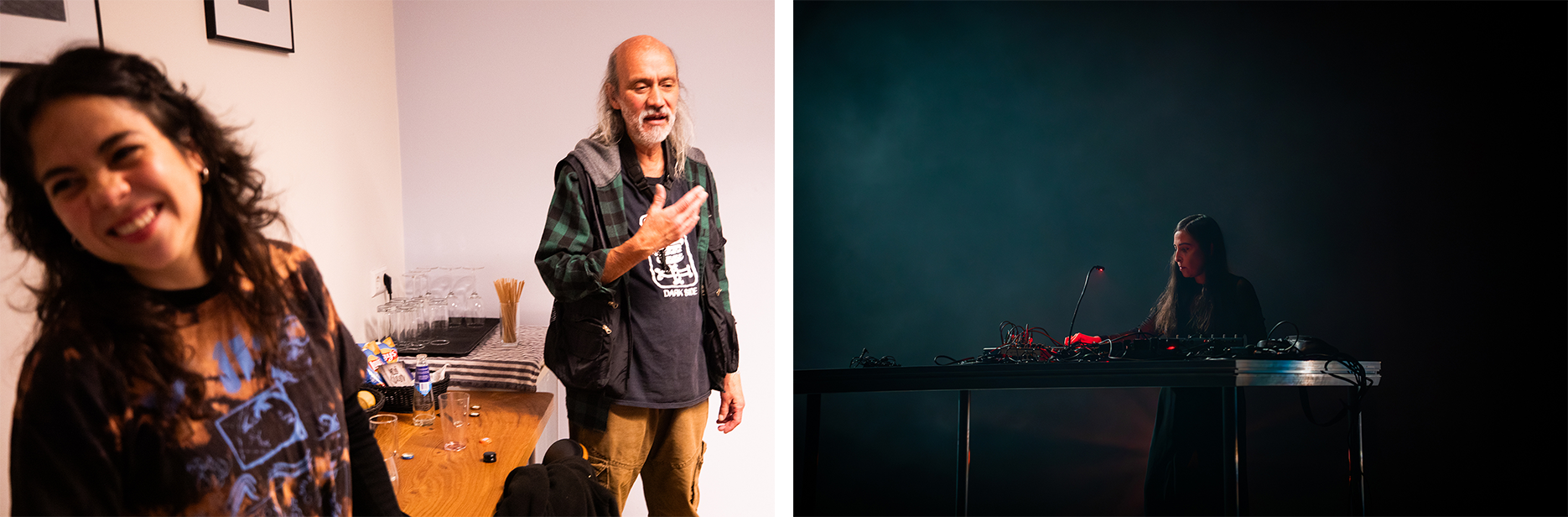 Two photos. The left photo shows Mabe Fratti and Germán Bringas. They are in the backstage area. On the right photo is Concepción Huerta. She is standing behind a booth, mixing music.